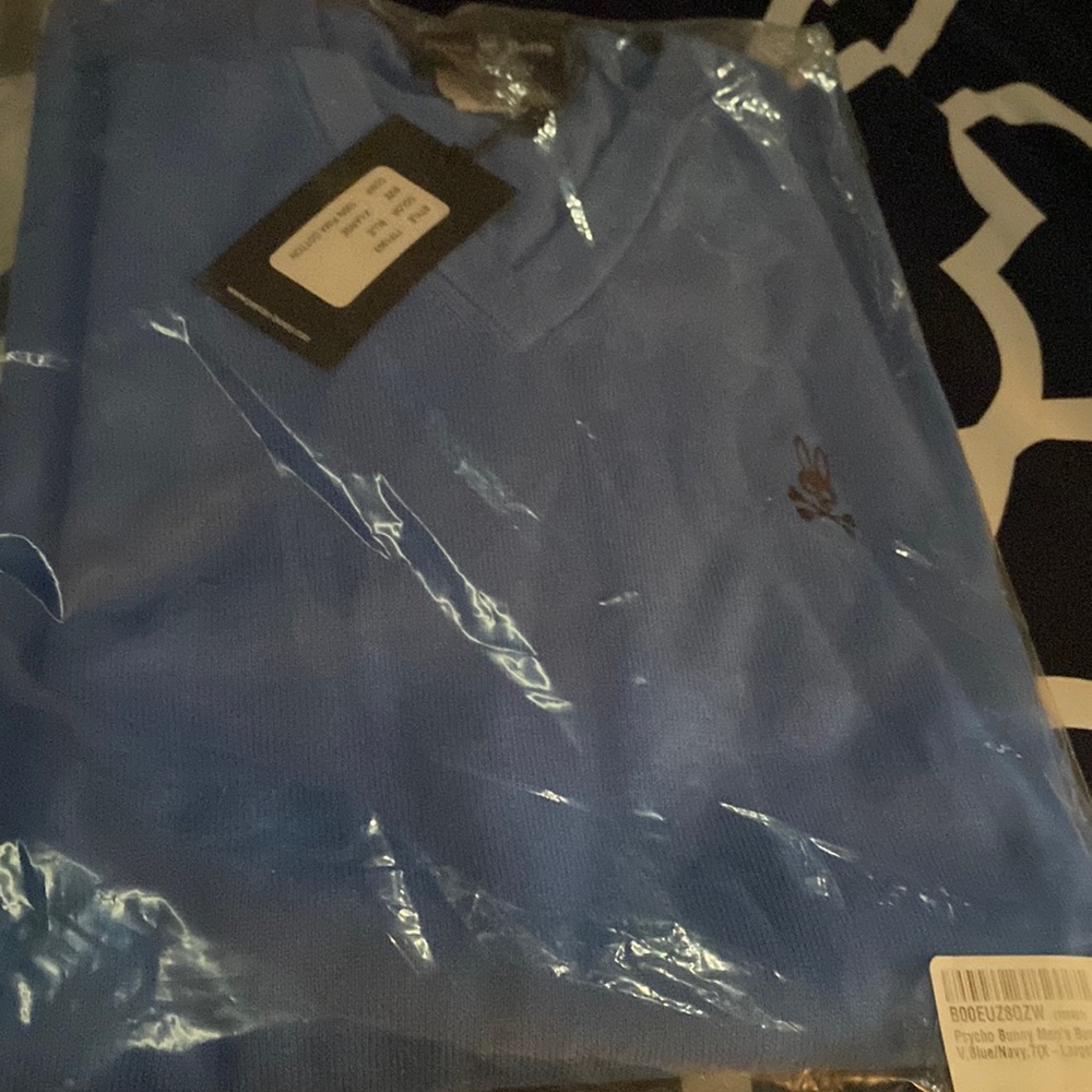 Psycho Bunny XL light blue puma cotton VNeck sweater. New in original packaging